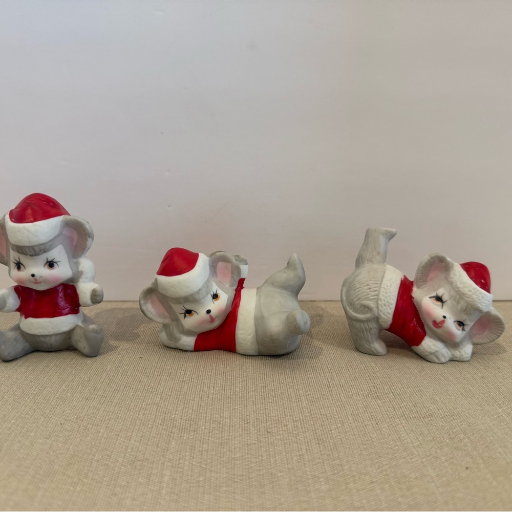 Vintage Christmas Mouse Wearing Santa Hat HOMCO Bisque Figurines Set Of 3